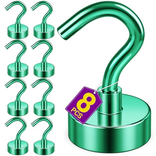 Niuknow Magnetic Hooks, 8 Pack Strong Magnetic Hooks Cruise for Hanging, 30lbs Magnets with Hook for Cruise Cabins, Magnets for Whiteboard, Garage, Grill, Lock Accessories, Green