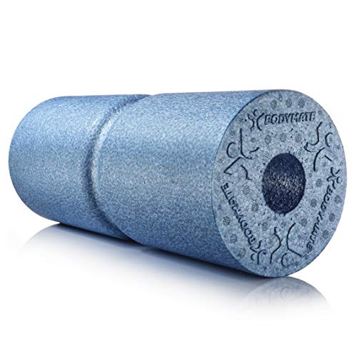 BODYMATE Faszienrolle CARE Mittel-Hart mit umlaufender Rille zu Wirbelsäulen-Entlastung mit E-Book - Cool-Grey-Blue 35x14cm