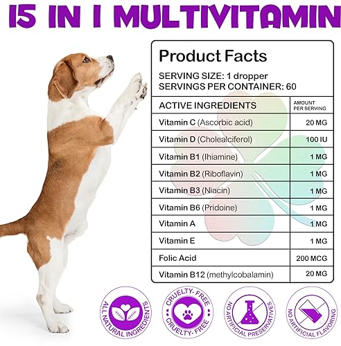 Hundemultivitamin, 15-in-1 Flüssigvitamin mit Glucosamin & MSM für Gelenke, Fell & Immunsystem.