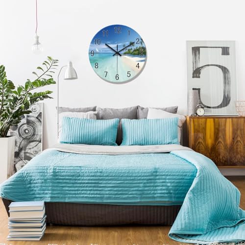 Image of XFM Beach Coastal Wall Clock 16 Inch Blue Seascape | Battery Operated Tropical Modern Glass Decorative for Living Room Bedroom Kitchen Office Silent Non Ticking