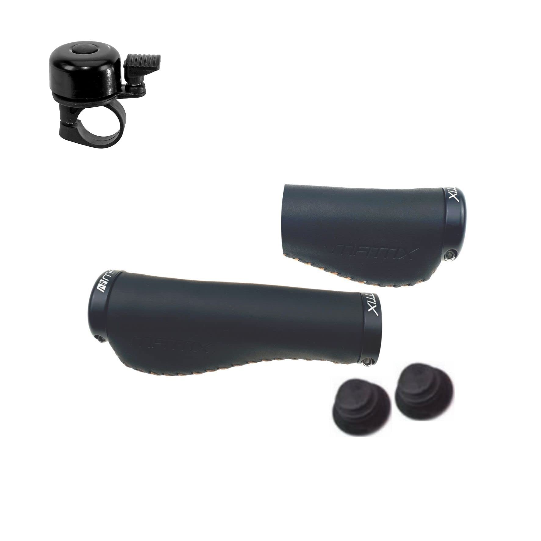 Matrix - Manopole per manubrio della bicicletta, in pelle, lunghe e corte, colore nero, con campanello per bicicletta