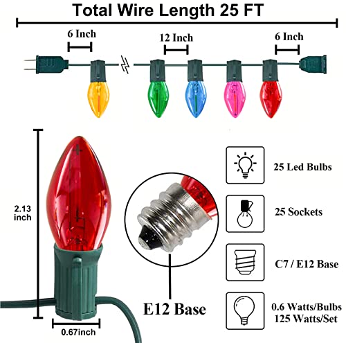 Image of C7 Christmas Lights Multicolor 25Ft Outdoor Patio String Light with 27 LED Clear Multicolor Bulbs, Vintage Christmas Lights for Outdoor Roofline Xmas Garden Wedding Party Decorations- Green Wire