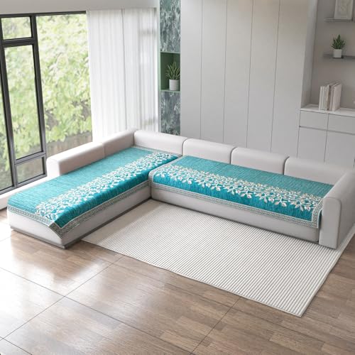 Image of Nendle Superior Velvet Floral Sofa Mat 6 Seater Set Cover Durable Protector for Living Room Sofa Set 3+3, Suitable for L Shape, Sectional and U Shape Sofa (Aqua, Pack of 2)