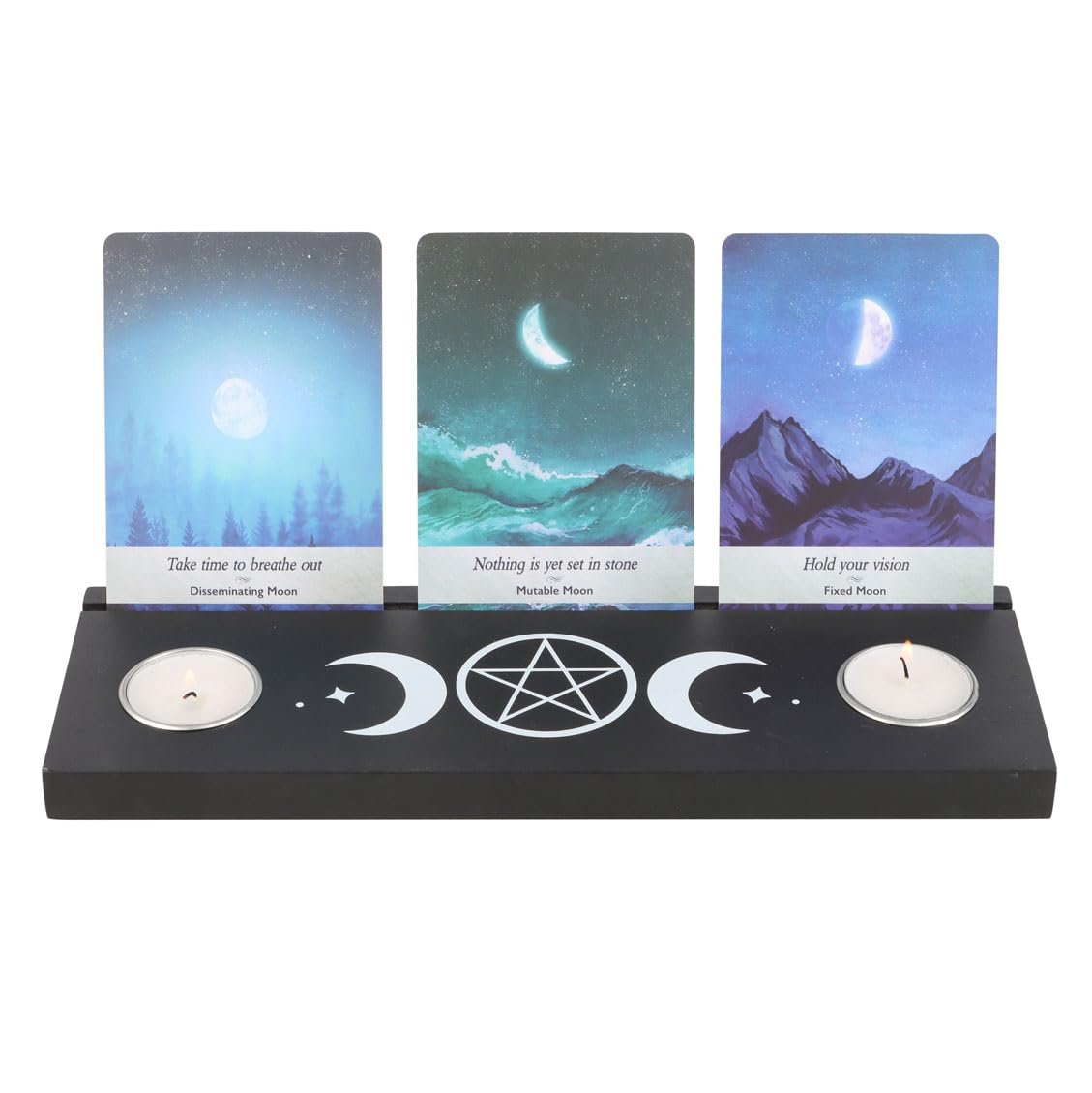 Black Triple Moon Tarot Card Stand Tealight Holder - Mystical Wooden Stand for Tarot Cards and Tealights, Wiccan Decor, Gift for Tarot Enthusiasts and Spiritual Settings