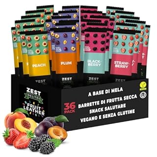 Zest Delites Snack Dolci in Pelle di Frutta, Merendine Senza Glutine, 36 Pack, Fragola, Mora, Albicocca e Prugna, Barrette Energetiche Ciclismo, Frutta Secca Mix, Snack Monoporzione, 36x25g