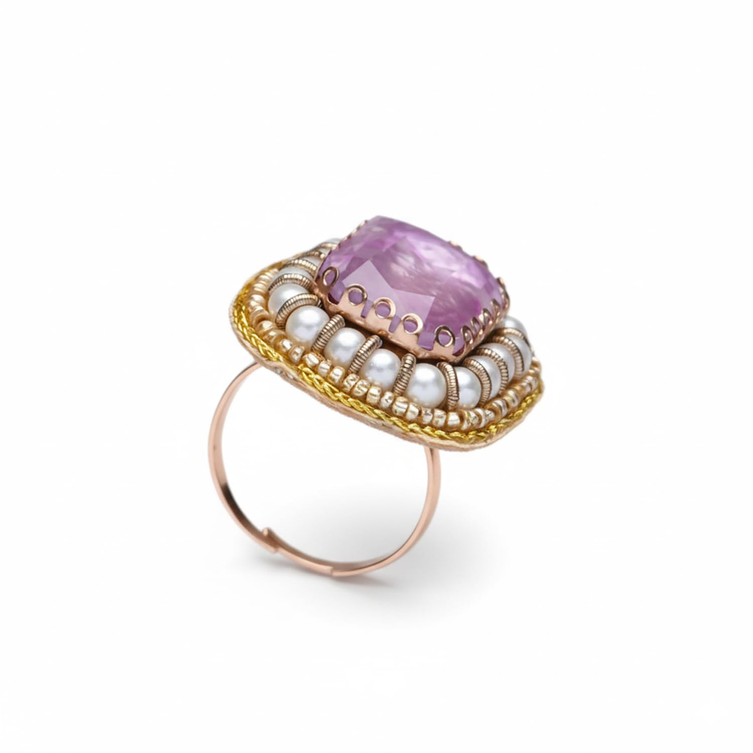 Embroidered Statement Ring for Women | Purple Stone & Pearl Studded Adjustable Finger Ring | Ethnic Jewelry for Weddings, Festivals & Special Occasions-image-6