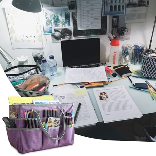 Image of Cupohus Art Organizer Craft Storage Tote Bag with Pockets and Handles, Oxford Fabric Carrying Caddy for Teacher, Officer, Artist, Traveler -Purple