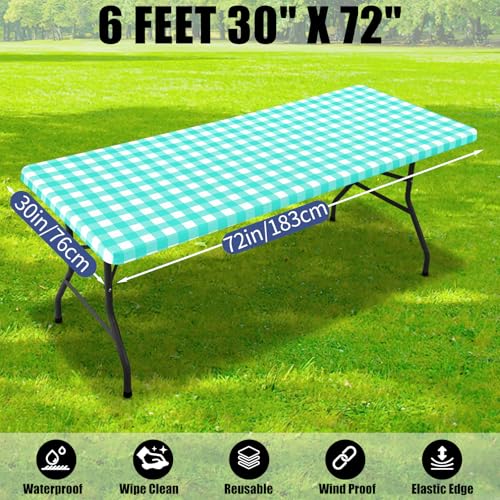 Smiry Picnic Table Cloth 2 Pack, Waterproof Elastic Fitted Tablecloths for 6FT Rectangle Tables, Washable Polyester Buffalo Plaid Tablecloth for Camping, Dining & Outdoor (Teal & White, 30" x 72") by Smiry - Used condition - Image 8