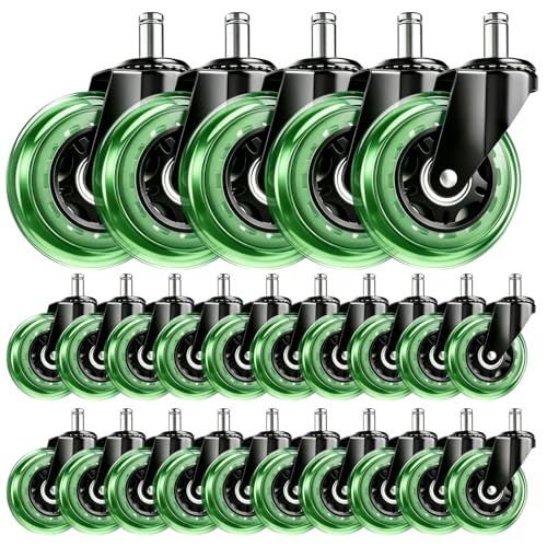 Image of 3 Inch Office Chair Wheels, Set of 25 (Green) | Heavy Duty Replacement Casters for Hardwood Floor & Carpet, Smooth Quiet Roll, Universal 11mm Stem, Non-Marking PU Wheels