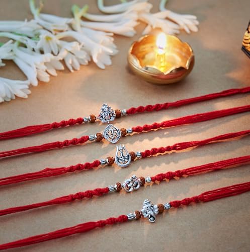 Image of Rakhi for Brother Set of 5 Raksha Bandhan Rakhi Bracelet, Rakhi Brother Set | Handcrafted with cotton thread and rudraksh beads, includes greeting card