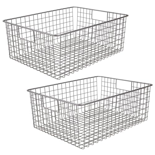 mDesign Metal Wire Food Storage Basket Organizer with Handles for Organizing Kitchen Cabinets, Pantry Shelf, Bathroom, Laundry Room, Closets, Garage – Concerto Collection – 2 Pack – Graphite Gray
