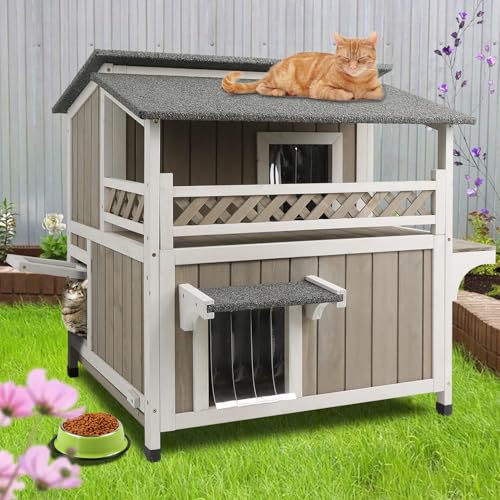 PetsCosset Large Outdoor Cat House Weatherproof with Balcony 2-Story Feral Cats Shelter Indoor Cat Condo with Escape Door & Openable Asphalt Roof Grey