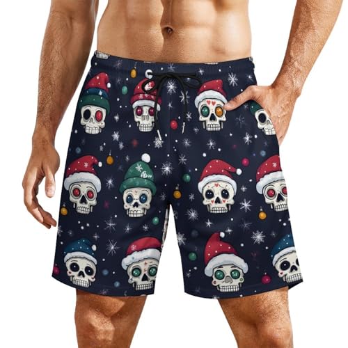 Christmas Skull Mens Swim Trunks Quick Dry Beach Board Shorts with Pockets