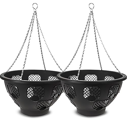 Original Easy Fill Set of 2 Hanging Basket - 14 Inch Black Hanging Planters for Balcony Indoor or Outdoor - Plastic Basket for Herb Flowers or Plants