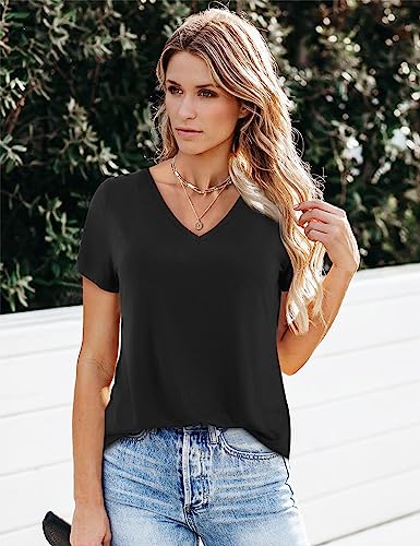 Schwarzes Damen T-Shirt mit V-Ausschnitt und Kurzarm