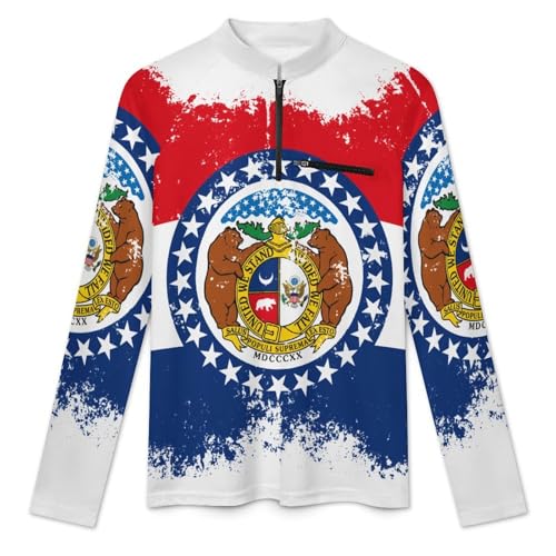 Missouri Grunge Style State Flag Men's Rash Guard Long Sleeves Quick Dry Fishing Workout Shirts with Zipper3