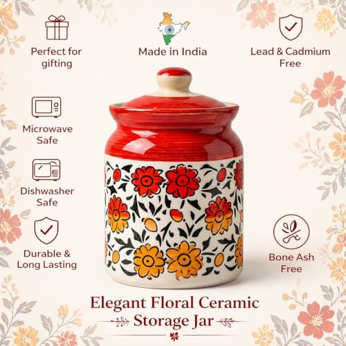 Image of Ceramic Handmade Pickle Jars in 1000ml (set of 2) | Handpainted Floral Bale 1 kg Achaar Martban | Ceramic Jadi for Kitchen Storage (Set of 2) | Jars for Achar, Spices, Salt (HandPainted Red Sunflower)