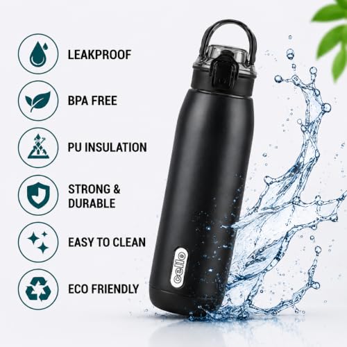 Image of CELLO Puro Steel-X Flint 900 Insulated Water Bottle 650 ml, Black | Easy Press Open Flip Top, Easy to Carry with Handle Leak Proof Inner Steel Water Bottle for School Kids, Office Gym Travel Trekking