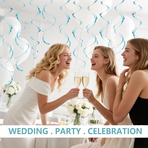 Image of Teal Hanging Swirls Party Decorations 30 Pack- Extra Long Double Swirl Ceiling Decorations for Birthday, Baby Shower, Christmas, Wedding | Reusable Teal Party Streamers with Hooks
