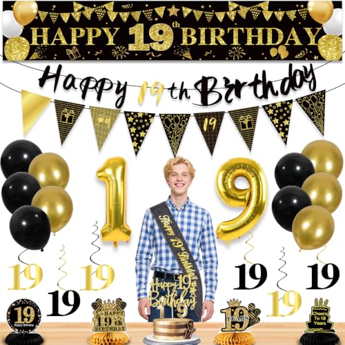 Image of 19th Birthday Decorations for Men, Black Gold 19th Party Decoration Kits