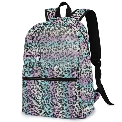 Dezcrab Mochila de malha para meninas, crianças, adolescentes, mochilas escolares femininas, mochilas de praia semitransparentes, Leopardo