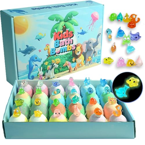 Bath Bombs for Kids 24 Pcs Bath Bombs with Glow in The Dark Surprise Inside Natural and Organic Colorful Bubble Bath Fizz for Girls Boys Child-Safe Fun & Educational Ideal Gift