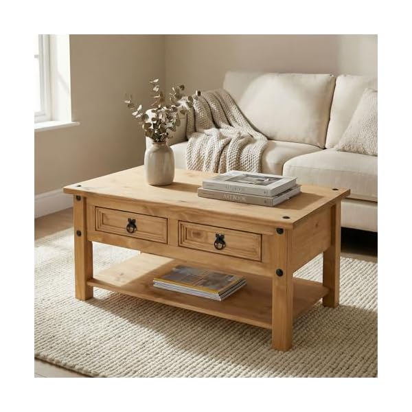 IDIMEX Table Basse de Salon Salsa rectangulaire en Bois Style Mexicain avec 2 tiroirs, en pin Massif Finition teintée/cirée