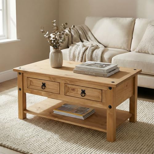 IDIMEX Table Basse de Salon Salsa rectangulaire en Bois Style Mexicain avec 2 tiroirs, en pin Massif Finition teintée/cirée