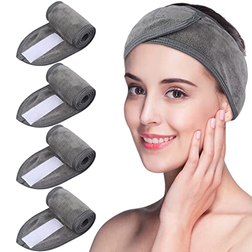 VIVOTE Diadema Maquillaje 4 Paquetes, Diadema de Spa Ajustable, Diadema Facial de Tela Suave para Lavado de Cara y Ducha, Gris Cover