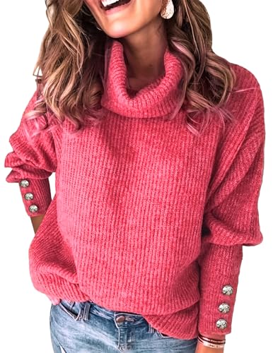 Womens Oversized Turtleneck Sweaters Fall 2024 Lightweight Thin Ribbed Knit Button Cropped Pullover Top