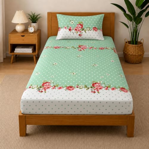 Image of Cotton Elastic Fitted Bedsheets with 1 Pillow Covers | Floral Printed Single Bed Elastic 220 TC Supersoft Breathable & Wrinklefree | for 36x72+6 Inches, Home Style Mint Green Rose
