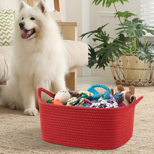 Image of OIAHOMY Woven Basket, Gift Basket Empty with Gift Bags and Ribbons, Rope Baskets for Baby Showers, Storage Baskets with Handles for Nursery, Pet Toy Organizer - Red
