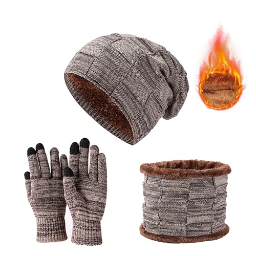 JXCTNNU Set de Bufanda, Gorro y Guantes Invierno Termicos 3 in 1 Conjunto de Punto Bufanda Calentadores Beanie Gorro Táctiles Guantes para Mujeres y Hombres (Caqui)