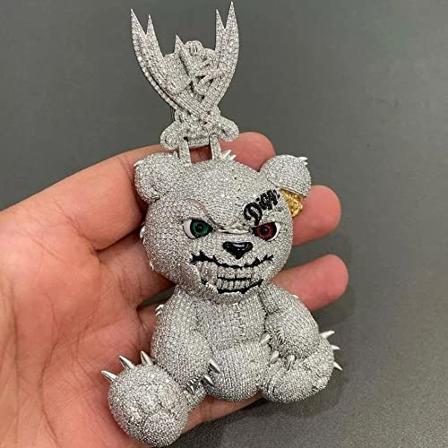 Ssjewel Hip Hop Iced Out Scary Angry Baby Bear Men's Pendants 14K White Gold Finish With Cz Round Diamond Solid 925 Sterling Silver Handmade Personalised Unique Hip Hop Cartoon Pendants Gift For Him #TOP3