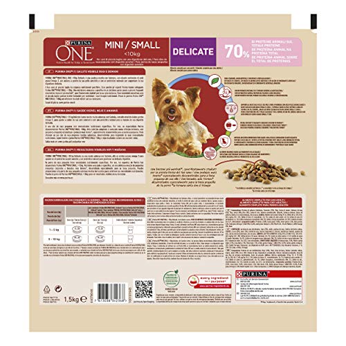 PURINA ONE Mini Small Delicate Trockenfutter für Erwachsene Hunde mit Lachs und Reis, 6 Beutel à 1,5 kg
