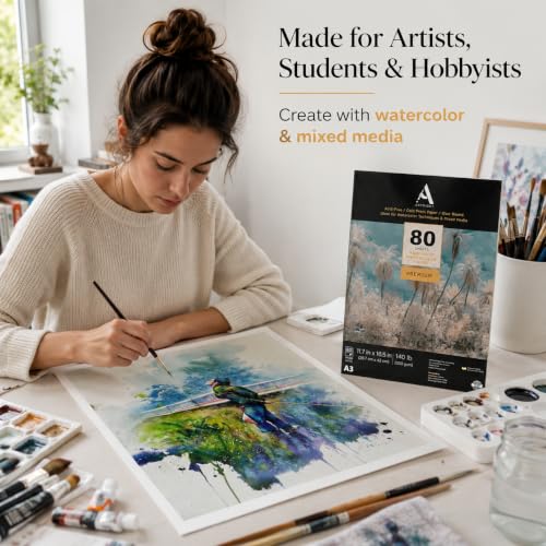 Image of ArtRight Artists' Watercolor Paper A3 300 GSM - 80 Sheets of Handmade Rough Grain Water Colour Papers for Watercolour, Acrylic, Gouache, Ink & Mixed Media