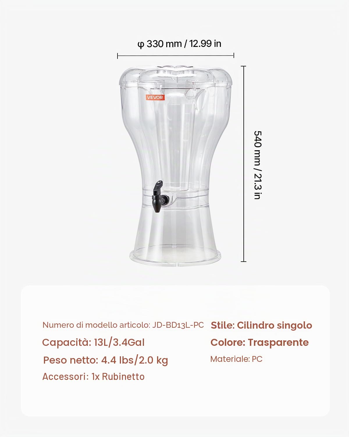 VEVOR Distributore di Bevande, 13 L per Feste, Contenitore di Succhi in Plastica con Rubinetto Antigoccia, Distributori di Tè Freddo, Limonata, Succo d'Acqua, per Ristoranti, Hotel, Feste