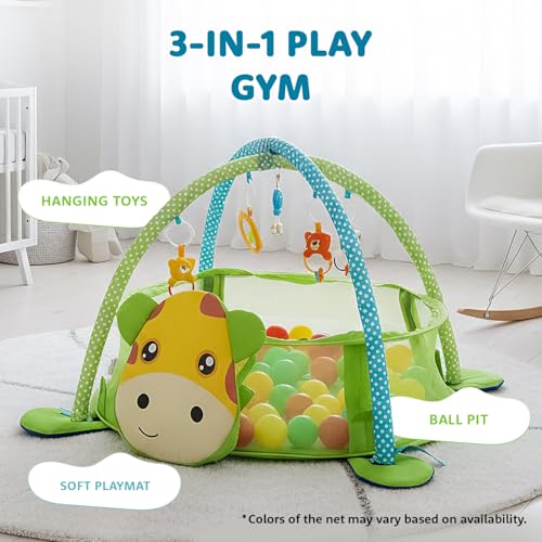 Image of Amazon Brand - Supples Baby Play Gym Pool | Activity Play Gym for Baby with Hanging Toys and 30 Colorful Balls | 3-in-1 Ball Pit, Mat & Gym | Giraffe Print | Multicolor | Baby Bedding for 2+ Months