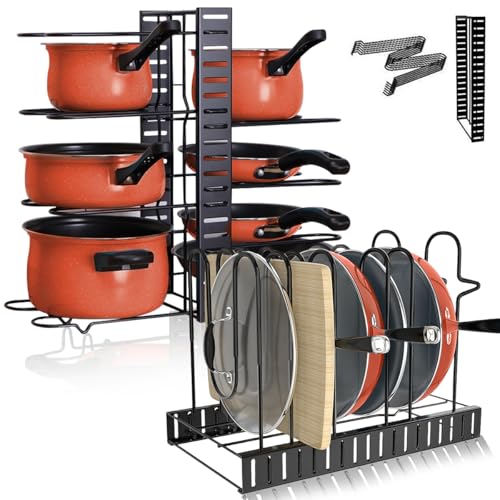 La mejor comparación de Tapas para cacerolas para comprar hoy. 45 INGEQUIS Estante de Ollas, Organizador Ajustable de 8 Capas para Ordenar Ollas, Sartenes y Tapas, Resistente y Estable para Ahorrar Espacio en Cocina, Facil Ensamblaje(8Capas...