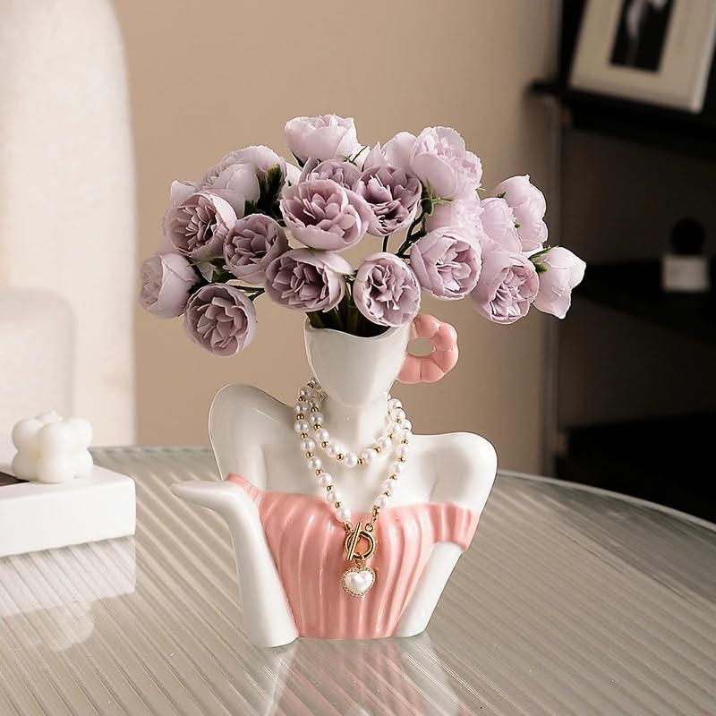 Vase en céramique pour femme avec bouquet de fleurs déco salon rétro rose