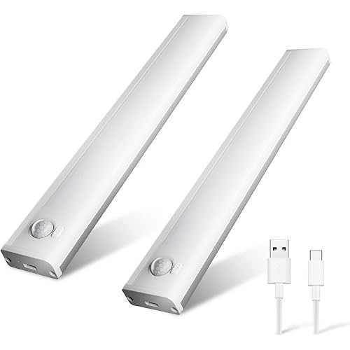 CHIGIH LED Under Cabinet Lights,3 Modes Rechargeable LED Closet Lights,10 Inch Wireless Motion Sensor Lights,Stick-on Anywhere Dimmable Lighting for Closet,Hallway,Stairs,Wardrobe,Kitchen(2 Packs)