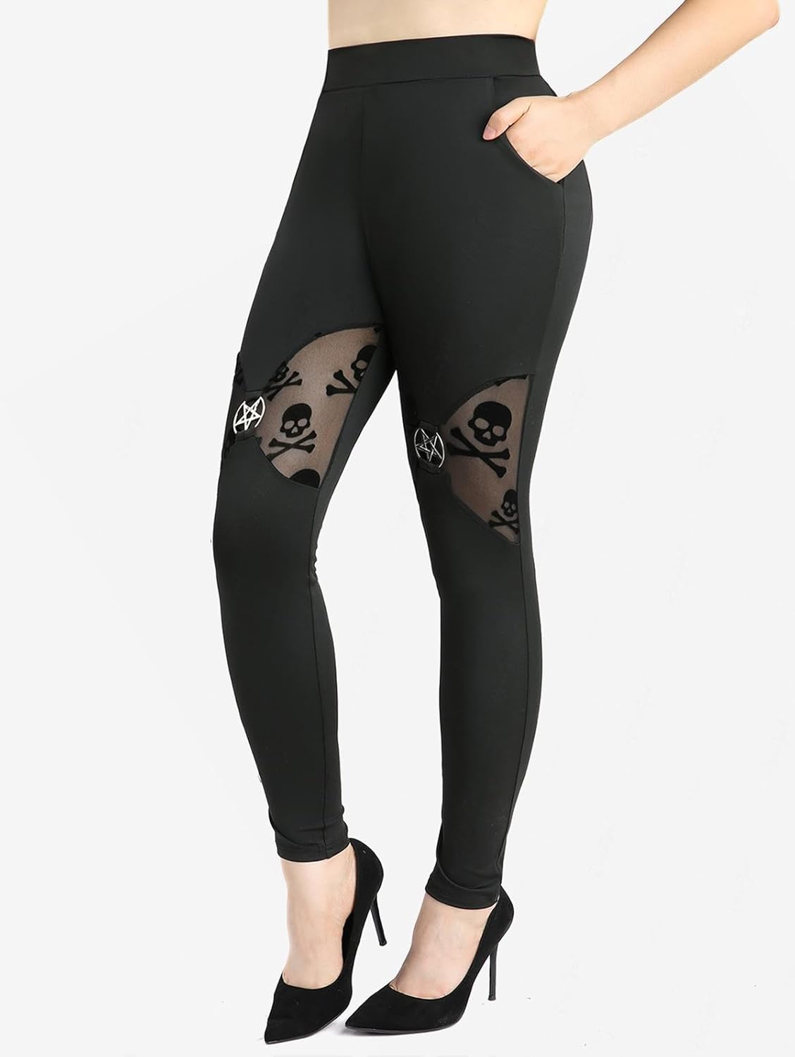 ROSE GAL Plus Size Womens Gothic Punk Skulls Mesh Panel High Waisted Tummy Control Leggings - Image 2