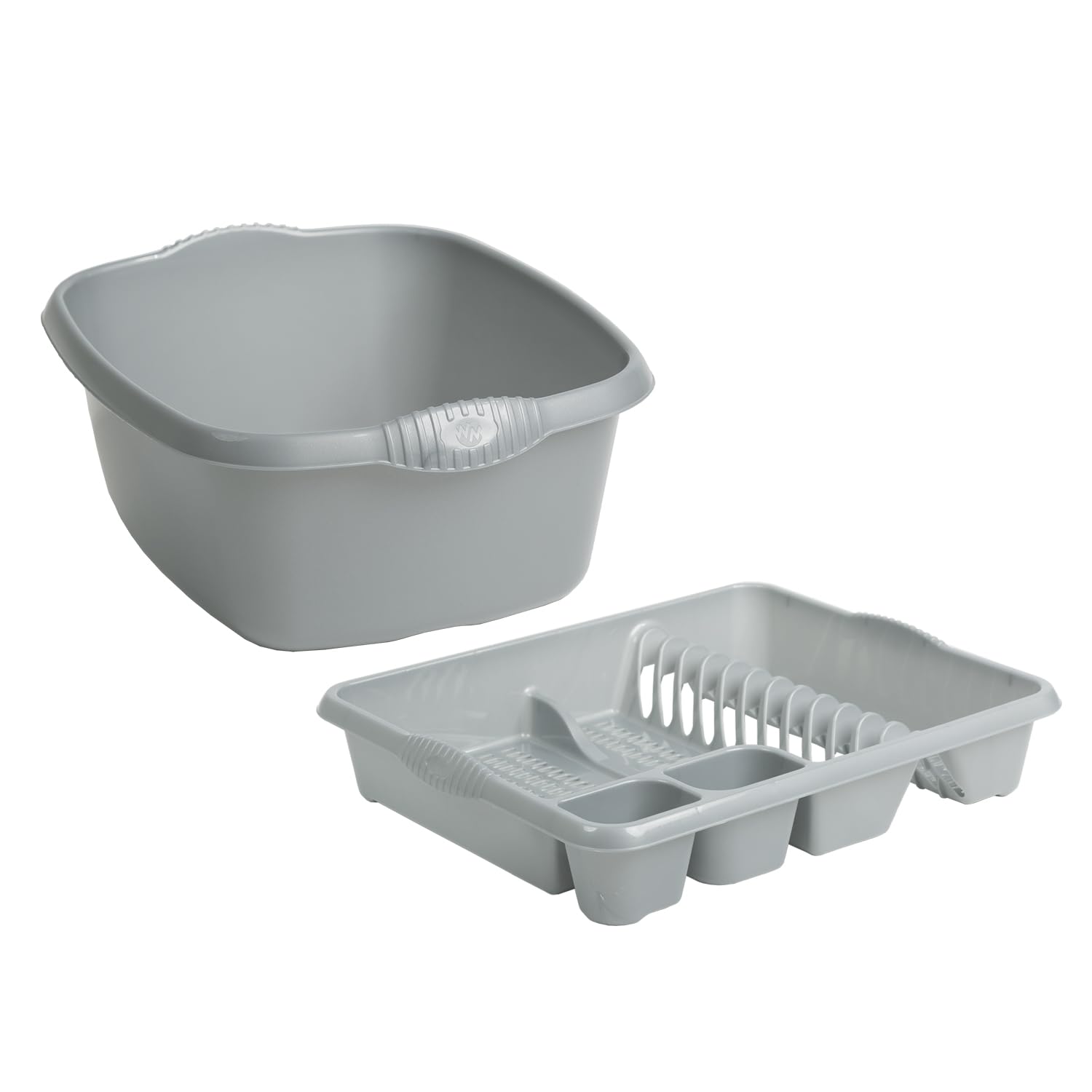 SET OF 2 Large Rectangular Washing Up Bowl with large Dish Drainer For Kitchen Utensils - (Silver, Rectangular Bowl, Large Dish Drainer)