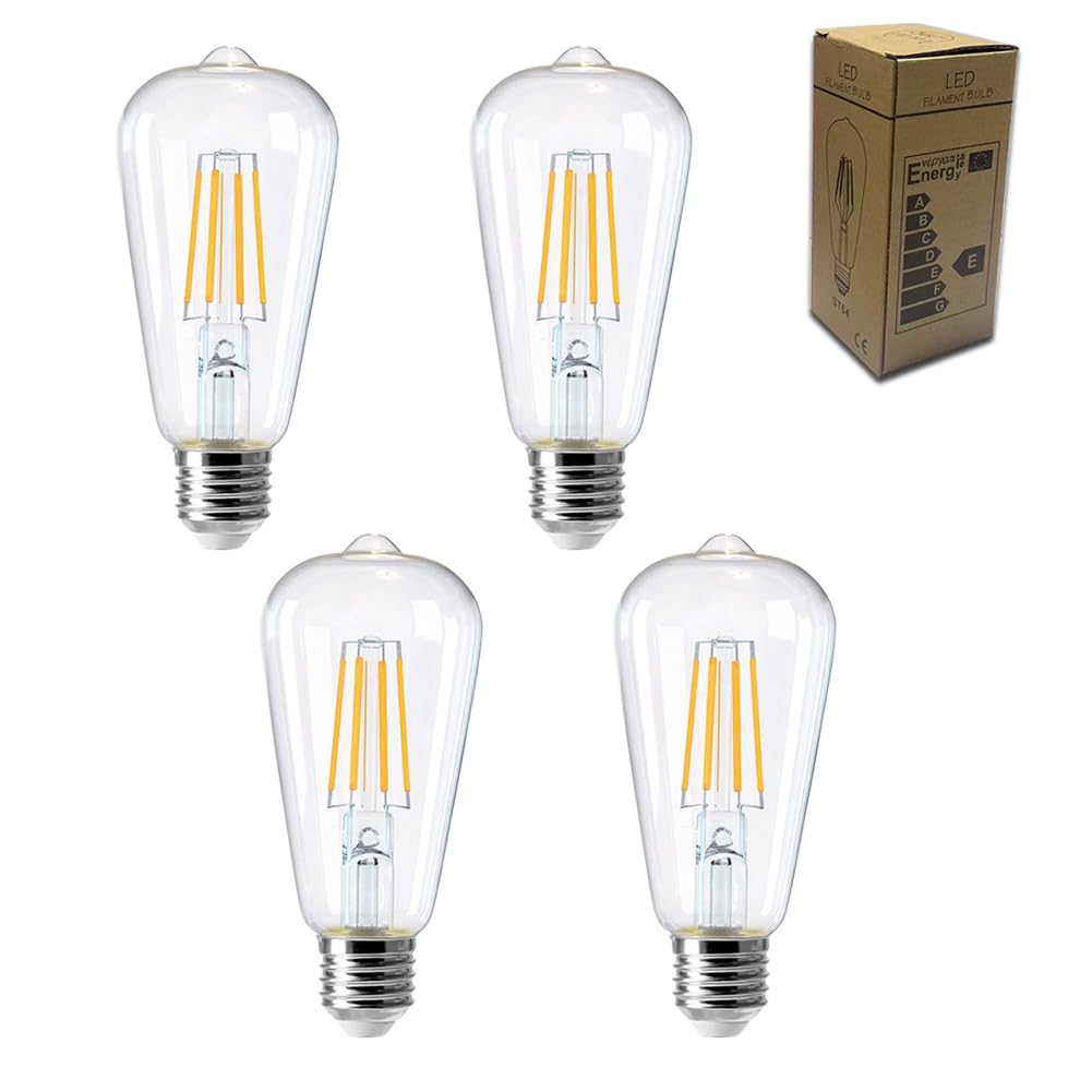 E27 Vintage Edison LED Light Bulbs, 4W Energy Saving ST64 LED Filament Light Bulbs Clear Glass 2700k Warm White E27 Squirrel Cage Retro Edison Screw Bulbs, 40W Equivalent, Non Dimmable, 4Pack