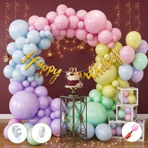 Partycat Latex Birthday Decoration Kit for Kids - 54 Pcs Multicolor Pastel Balloon Garland Kit with Hand Pump, Golden Banner & Arch Strip - Rainbow Theme Party Supplies