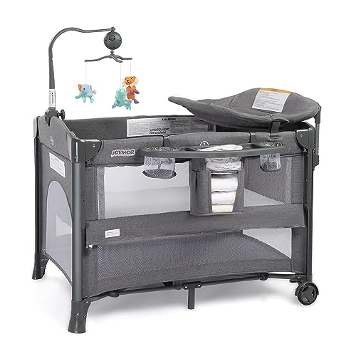 Image of JOYMOR 5 in 1 Baby Bassinet with Changing Table, Besdide Bassinet, Portable Pack and Play with Bassinet, Mattress and Sheet, Toy, Wheels, Carry Bag for Boys Girls