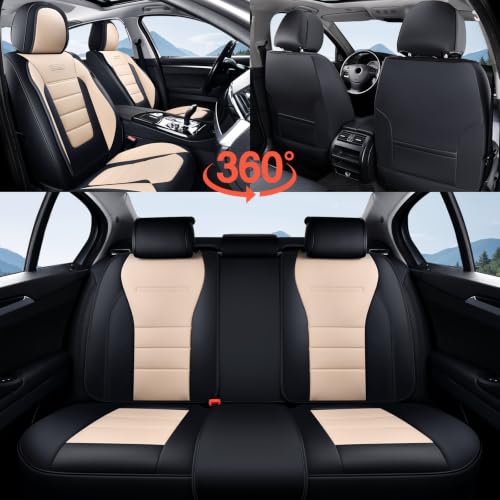 Image of Coverado Car Seat Covers Front, Seat Covers for Cars, Waterproof 2-Pack Car Seat Cushions, Leather Carseat Seat Protectors, Universal Seat Covers Fit for Most Sedans SUV Pick-up Trucks(Black&Beige)