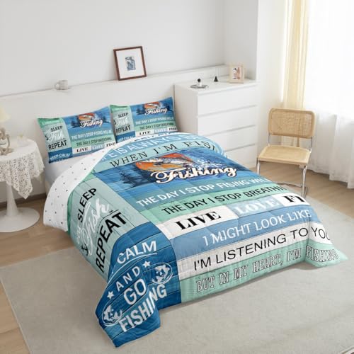 Image of Feelyou Kids Happy Camping Duvet Insert Twin Size, Big Pike Fish Comforter Set Boys Girls for Lake House Bedding Set RV Camping Teens Bedroom Decor with 1 Pillow Case