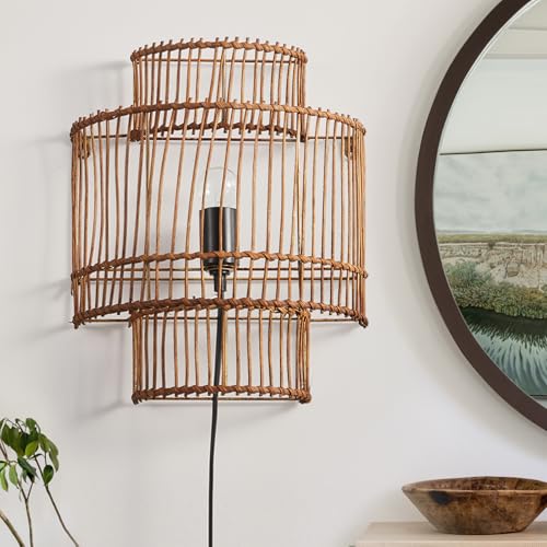 Image of Farmhouse Rattan Wall Sconce, Plug-in Wall Lamp Black Finish with Boho Woven Wicker Shade for Vanity, Stairway, Fireplace, Bedside, Passway, Hallway, Living Room