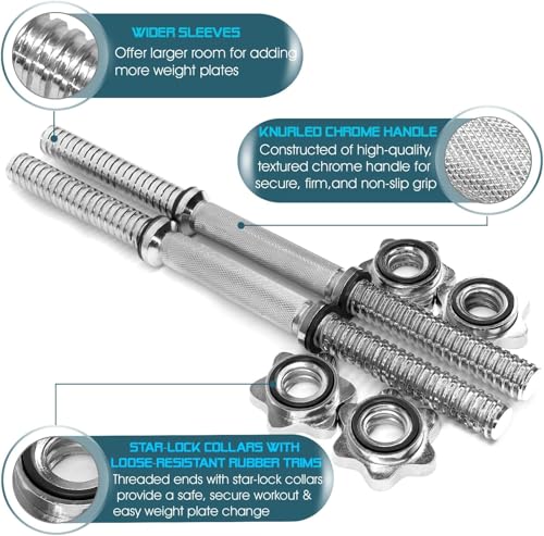 Image of Yes4All Threaded Dumbbell Handles, Adjustable Dumbbell Bar Pair, 14 /16 /18 /24-Inch Sizes, Fits 1 inch or 1.15 inch Plates, Non-Slip Grip, Secure Star-Lock Collars